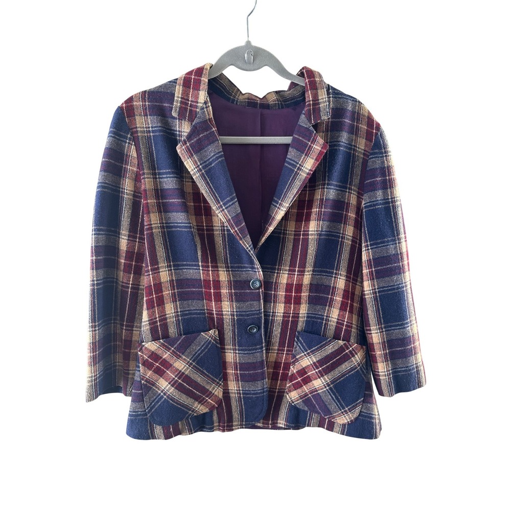 Vintage 70s Plaid Blazer Jacket Navy‎ Burgundy Tan Tartan Academic Patch Pockets